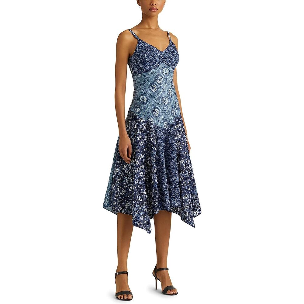Ralph Lauren Women Blue Patchwork-Print Linen Sleeveless Midi Dress Size 12